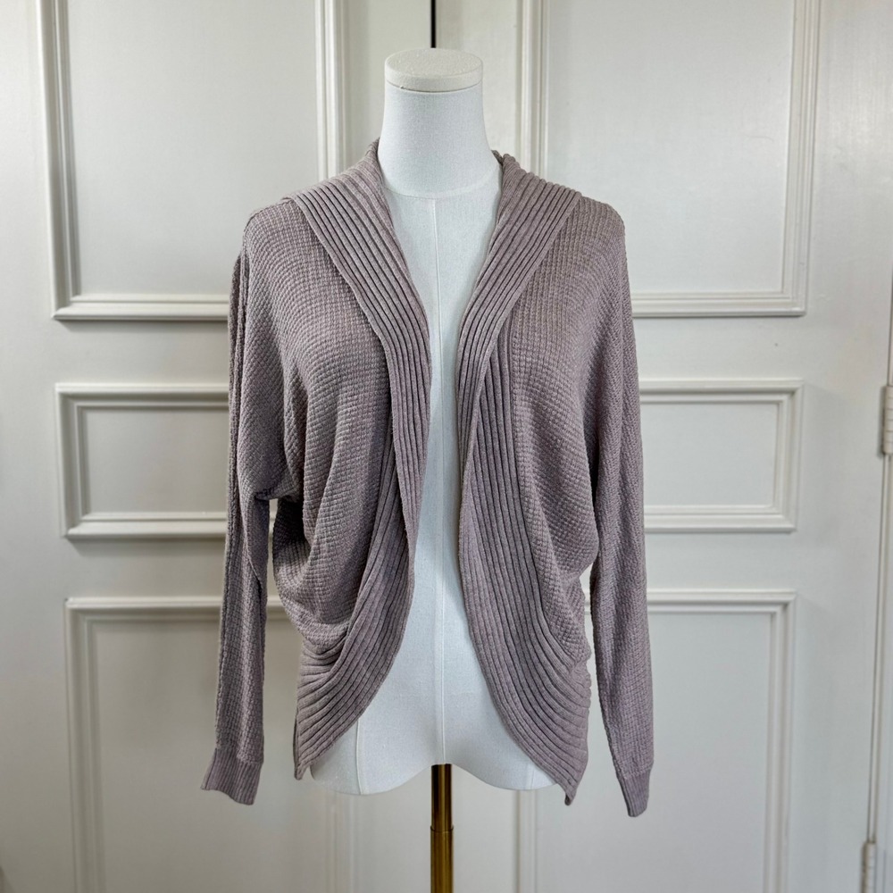 Express Knit Cardigan Women's XS Beige Hooded Open Front Waffle Knit Casual